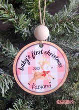 Load image into Gallery viewer, Baby's First Christmas // Personalized Baby Ornament // Green or Pink background